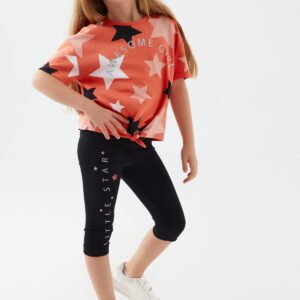 RP3071 طقم للفتيات قطعتين قطن بلوز مرسومة بالنجوم لون برتقالي مع برمودا لون اسود