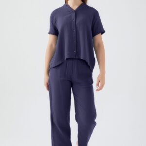 AR2432-S طقم بيتي للنساء قطعتين قميص مع بنطال خصر عالي لون كحلي