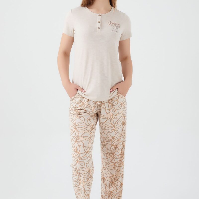 PC8521 PIERRE CARDIN طقم بيتي ماركة بيير كاردن قطعتين قطن بلوز لون افوايت مع بنطال مرسوم