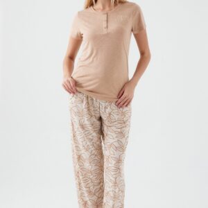 PC8521-S طقم بيتي ماركة بيير كاردن قطعتين قطن بلوز لون بيج مع بنطال مرسوم