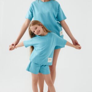 RP3060 من كولكشن الام مع ابنتها طقم شورت قطن قطعتين نصف كم  لون ازرق