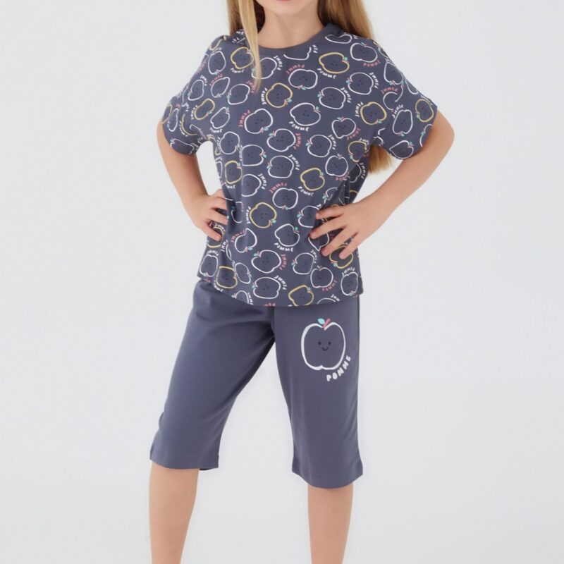 RP3061 طقم للفتيات قطعتين قطن لون رمادي  مرسوم عليها تفاح