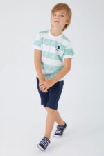 US1300 US POLO طقم شورت للاولاد قطعتين قطن بلوز مخططة باللون الاخضر مع شورت لون كحلي