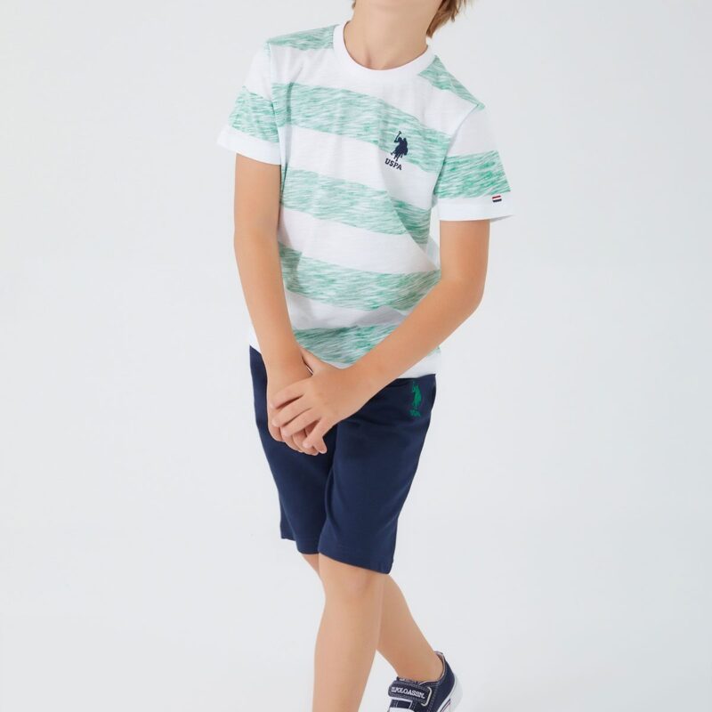 US1300 US POLO طقم شورت للاولاد قطعتين قطن بلوز مخططة باللون الاخضر مع شورت لون كحلي