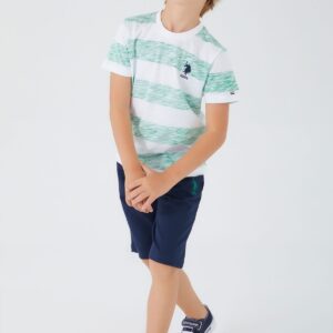 US1300 US POLO طقم شورت للاولاد قطعتين قطن بلوز مخططة باللون الاخضر مع شورت لون كحلي