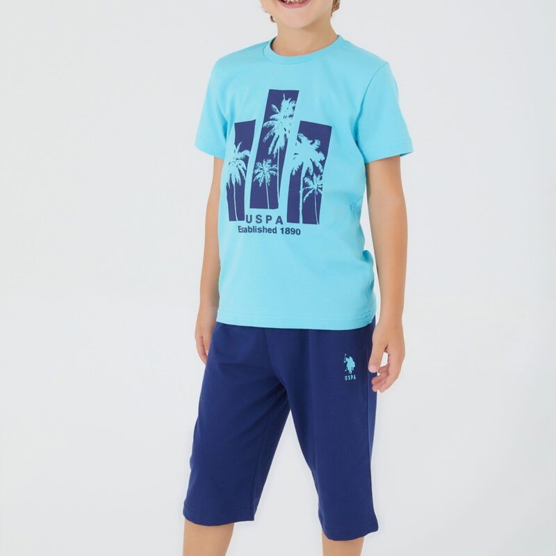 US1360 US POLO طقم شورت للاولاد قطن بلوز لون ازرق سماوي مع شورت لون كحلي