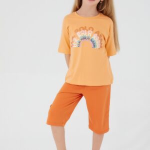 US1404 US POLO  طقم برمودا للفتيات قطعتين  قطن لون اورونج