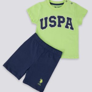 USB1104  US POLO BABY طقم شورت للاطفال قطن بلوز نصف كم لون اخضر مع شورت لون كحلي
