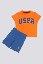USB1104 US POLO BABY طقم شورت للاطفال قطن بلوز نصف كم لون اورنج مع شورت لون ازرق