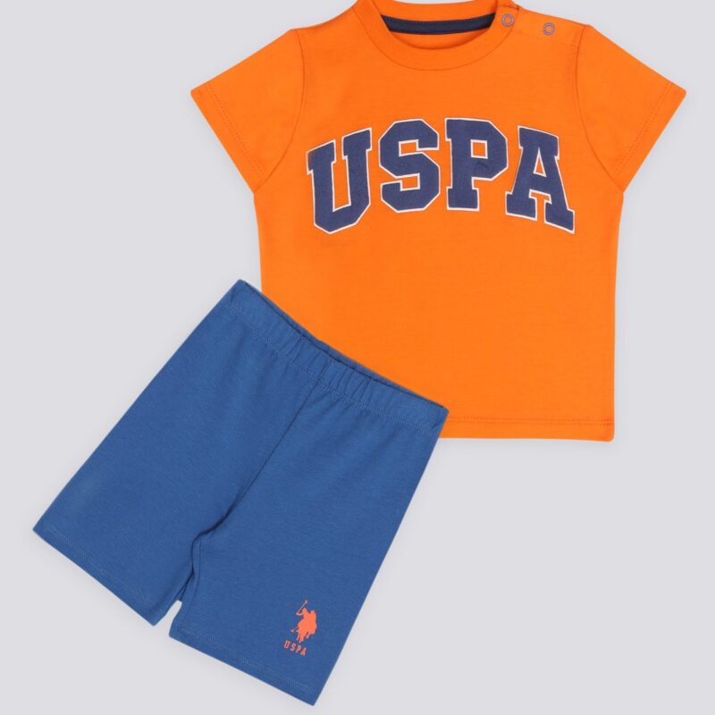 USB1104 US POLO BABY طقم شورت للاطفال قطن بلوز نصف كم لون اورنج مع شورت لون ازرق