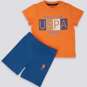 USB1105 US POLO BABY طقم شورت للاطفال قطن بلوز نصف كم لون اورنج مع شورت لون ازرق