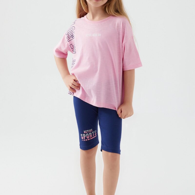 RP3073-2 طقم شورت قطن للفتيات بلوز لون زهري فاتح مع شورت فيزون