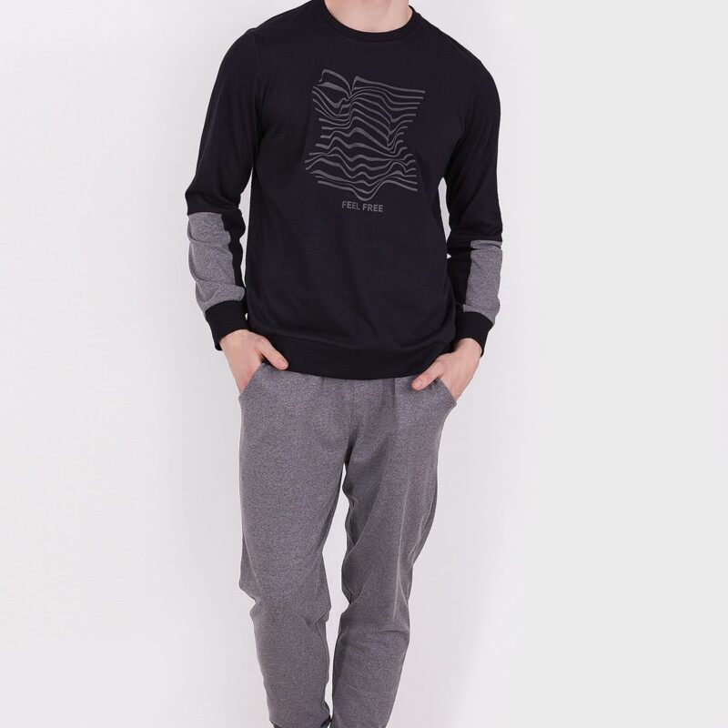 AR2338-S طقم بيجاما قطعتين قطن للرجال بتصميم مميز باللونين الاسود مع الرمادي