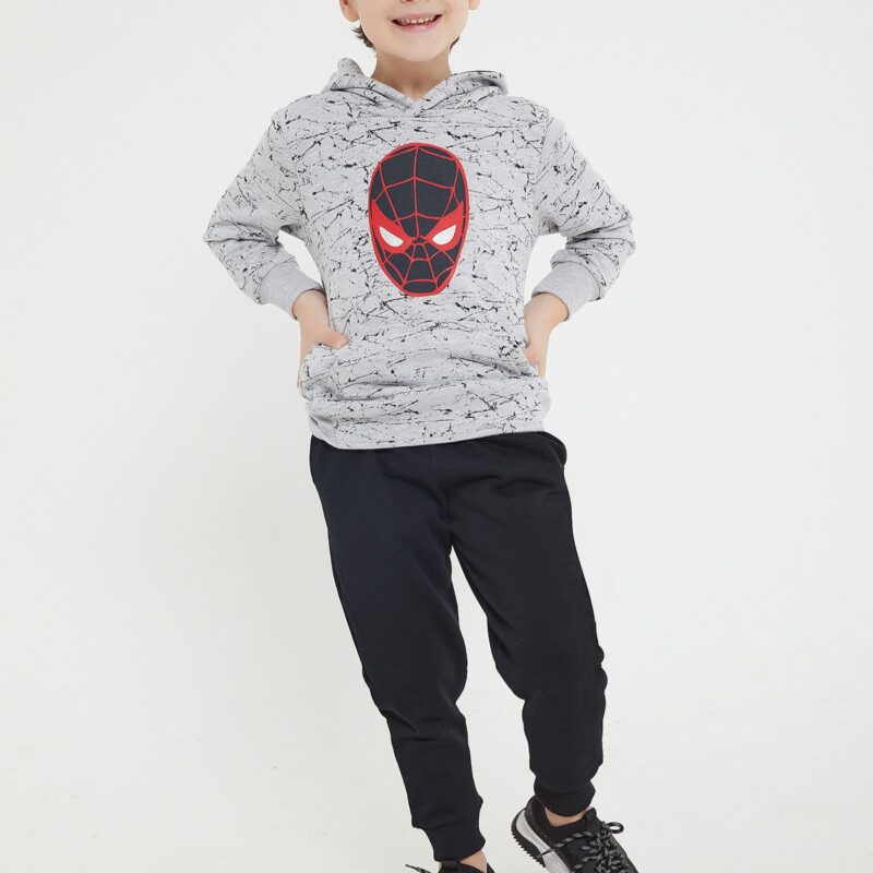 D4722-3 SPIDER-MAN طقم تريننج سبايدر مان مبطن مع طاقية للاولاد بلوز لون رمادي