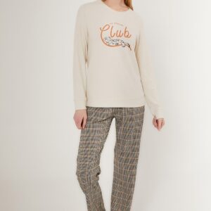 AR2674-S طقم بيتي مميز قطعتين بلوز صوف لون اوفوايت مع بنطال مقلم