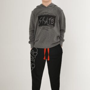 RP3227 طقم تريننج قطن للاولاد ثلاث خيوط بلوز هودي مع طاقية لون رمادي وبنطال لون اسود