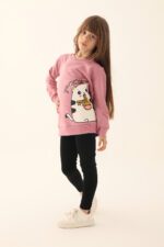 RP3243 طقم تريننج للبنات قطن ثلاث خيوط بلوز لون زهري طويلة مع  بنطال تايت لون اسود - الصورة 6