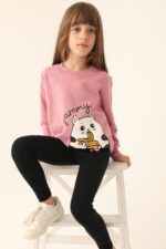 RP3243 طقم تريننج للبنات قطن ثلاث خيوط بلوز لون زهري طويلة مع  بنطال تايت لون اسود