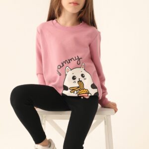 RP3243 طقم تريننج للبنات قطن ثلاث خيوط بلوز لون زهري طويلة مع  بنطال تايت لون اسود