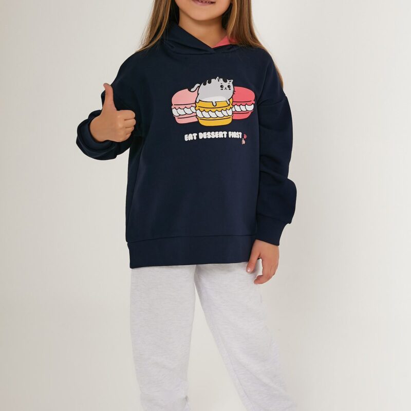 RP3243 طقم تريننج للبنات قطن ثلاث خيوط بلوز هودي مع طاقية لون كحلي وبنطال لون رمادي فاتح