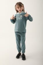 RP3248 طقم تريننج للبنات لون فيروزي قطن ثلاث خيوط بلوز هودي مع طاقية وبنطال خصر عالي