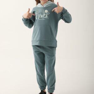 RP3248 طقم تريننج للبنات لون فيروزي قطن ثلاث خيوط بلوز هودي مع طاقية وبنطال خصر عالي