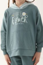 RP3248 طقم تريننج للبنات لون فيروزي قطن ثلاث خيوط بلوز هودي مع طاقية وبنطال خصر عالي - الصورة 2