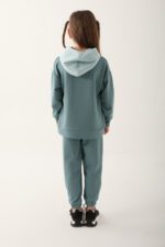 RP3248 طقم تريننج للبنات لون فيروزي قطن ثلاث خيوط بلوز هودي مع طاقية وبنطال خصر عالي - الصورة 4