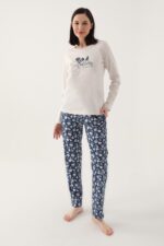 AR2615-S طقم بيجاما قطعين للنساء قطن بلوز لون ابيض كريمي مع بنطال مورد لون ازرق