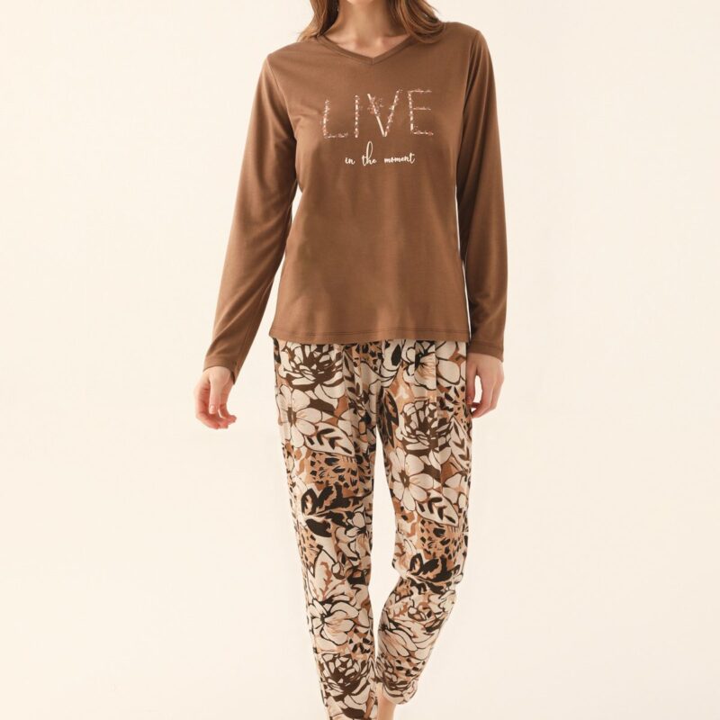 AR2643-S طقم بيجاما قطعتين قطن الزبدة بلوز لون بني مع بنطال مورد