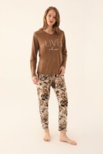 AR2643-S طقم بيجاما قطعتين قطن الزبدة بلوز لون بني مع بنطال مورد - الصورة 5