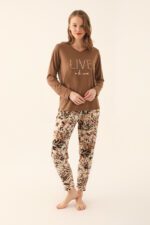 AR2643-S طقم بيجاما قطعتين قطن الزبدة بلوز لون بني مع بنطال مورد - الصورة 4