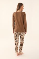 AR2643-S طقم بيجاما قطعتين قطن الزبدة بلوز لون بني مع بنطال مورد - الصورة 2