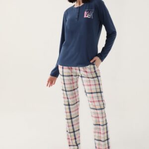 AR2650 طقم بيجاما للنساء قطعتين قطن الزبدة بلوز لون كحلي مع بنطال مُقلم