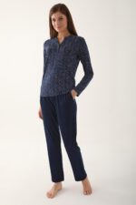 AR2659 طقم بيجاما قطعتين قطن الزبدة بلوز لون كحلي منقطة مع بنطال لون كحلي