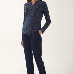 AR2659 طقم بيجاما قطعتين قطن الزبدة بلوز لون كحلي منقطة مع بنطال لون كحلي