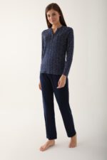 AR2659 طقم بيجاما قطعتين قطن الزبدة بلوز لون كحلي منقطة مع بنطال لون كحلي - الصورة 3