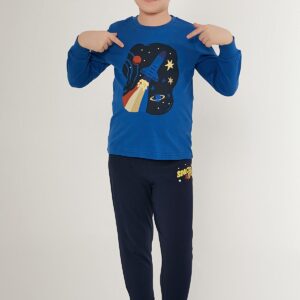 RP3186-2 طقم بيجاما قطعتين قطن للاولاد بلوز لون ازرق مع بنطال لون كحلي