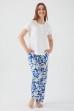 AR2425-S طقم بيتي قطعتين بلوز قطن الزبدة لون ابيض مع بنطال  قماش