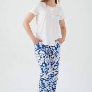 AR2425-S طقم بيتي قطعتين بلوز قطن الزبدة لون ابيض مع بنطال  قماش