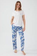 AR2425-S طقم بيتي قطعتين بلوز قطن الزبدة لون ابيض مع بنطال  قماش - الصورة 4