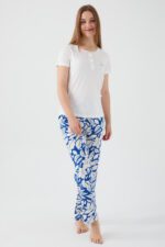 AR2425-S طقم بيتي قطعتين بلوز قطن الزبدة لون ابيض مع بنطال  قماش - الصورة 6