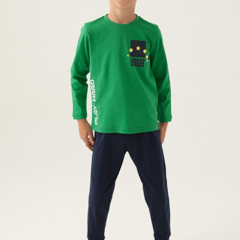 RP3338 طقم بيجاما للاولاد قطن بلوز لون اخضر مع بنطال لون كحلي