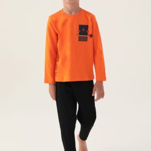 RP3338 طقم بيجاما للاولاد قطن بلوز لون برتقالي مع بنطال لون اسود