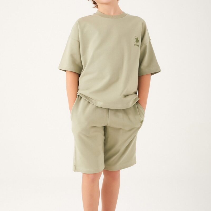 US1366-4 US POLO تريننج شورت للاولاد قطن ثلاث خيوط لون الفستق