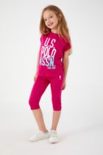 US1402 US POLO طقم برمودا للفتيات قطن لون فوشيا