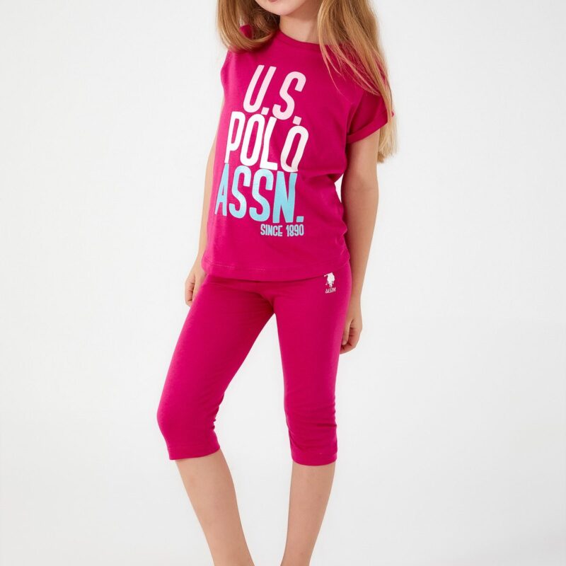 US1402 US POLO طقم برمودا للفتيات قطن لون فوشيا