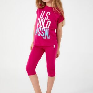 US1402 US POLO طقم برمودا للفتيات قطن لون فوشيا