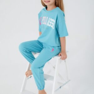 US1418 US POLO طقم تريينج للفتيات قطن ثلاث خيوط  لون ازرق سماوي