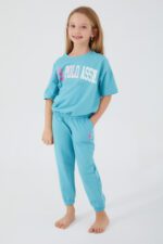 US1418 US POLO طقم تريينج للفتيات قطن ثلاث خيوط  لون ازرق سماوي - الصورة 4